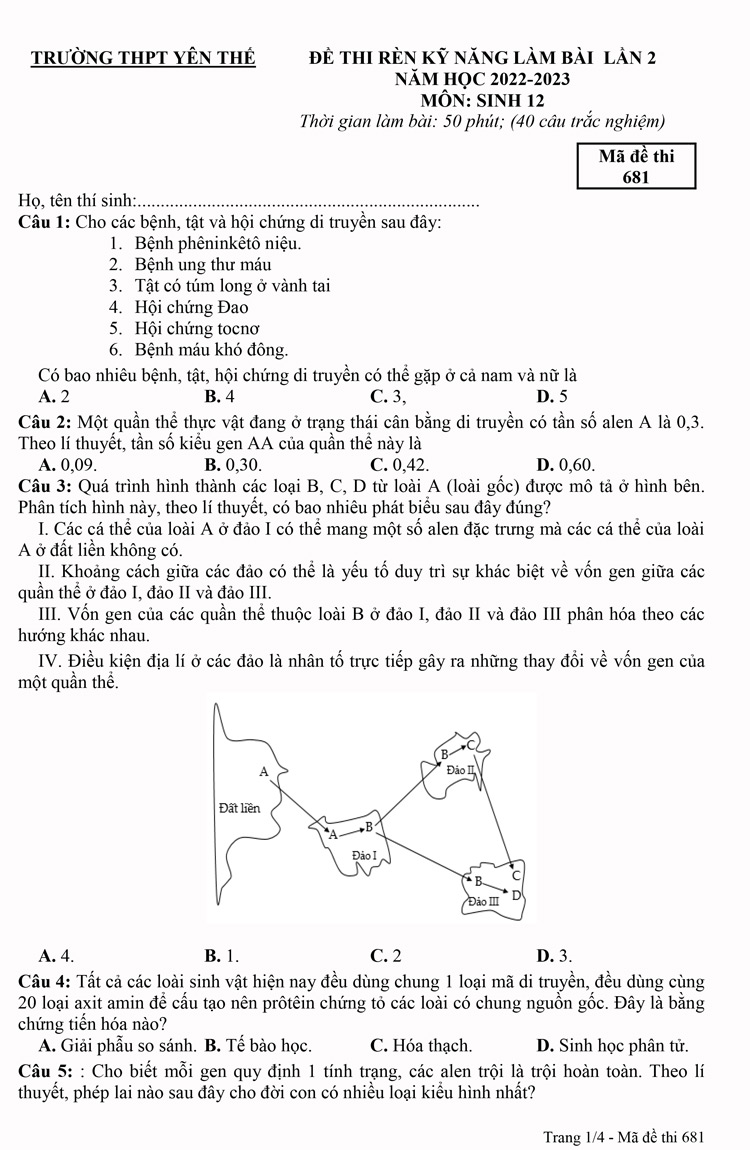Đề thi thử môn sinh 2023 lần 2 THPT Yên Thế trang 1