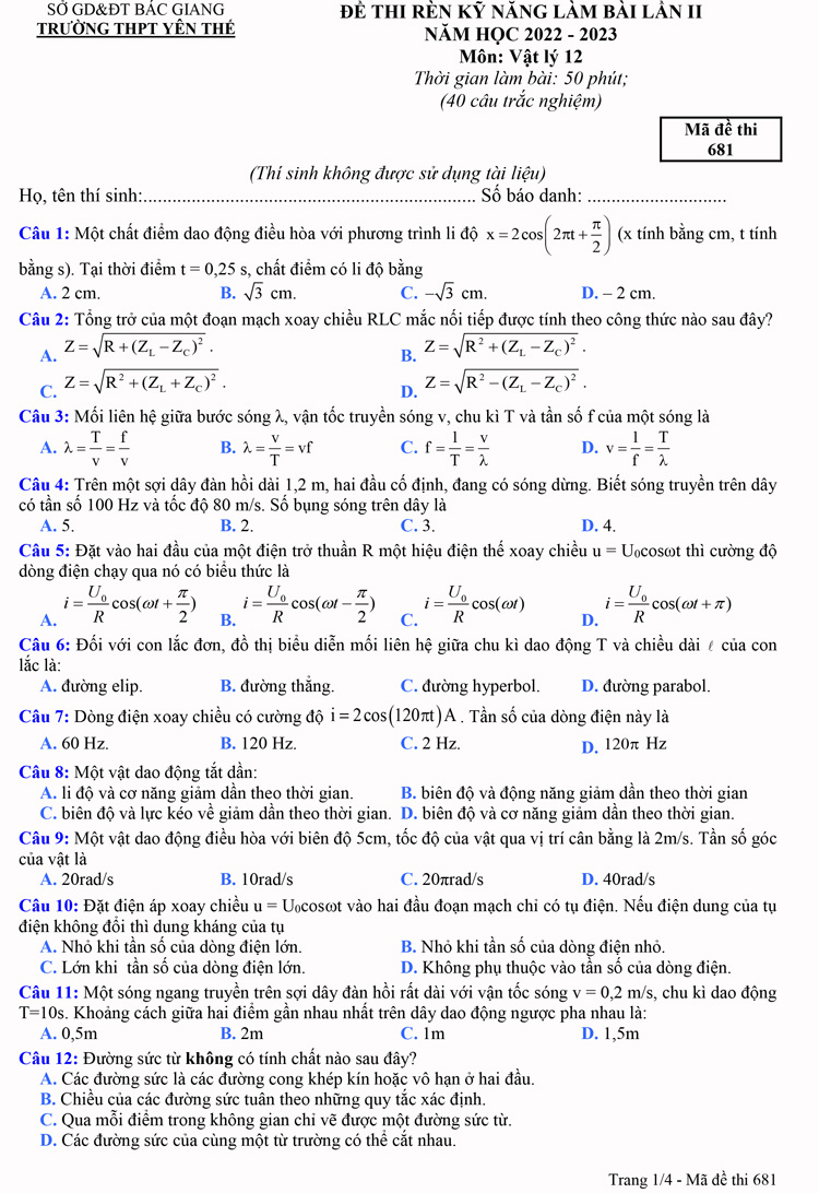 Đề thi thử vật lý 2023 lần 2 trường THPT Yên Thế trang 1