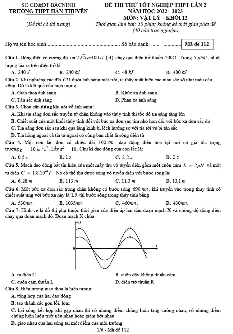 Đề thi thử vật lý 2023 lần 2 trường THPT Hàn Thuyên trang 1