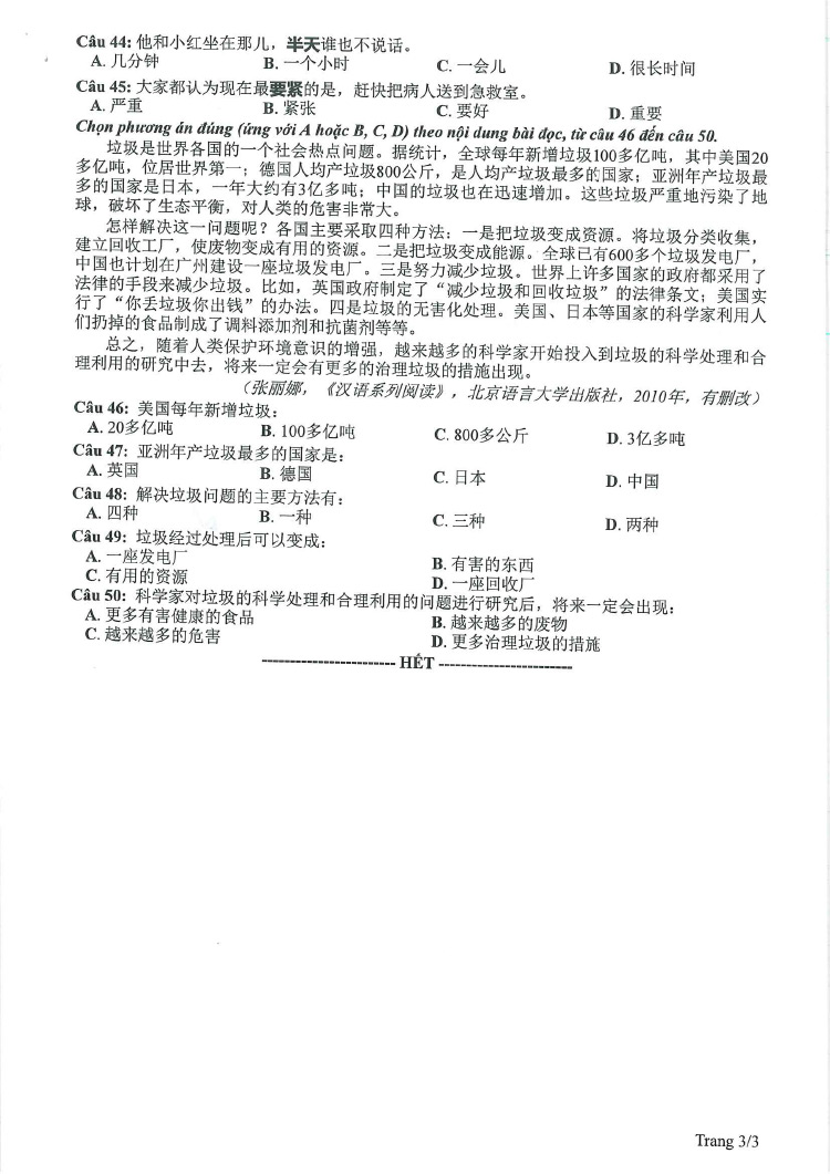 Đề thi tham khảo kỳ thi tốt nghiệp THPT môn tiếng Trung 2023 trang 3