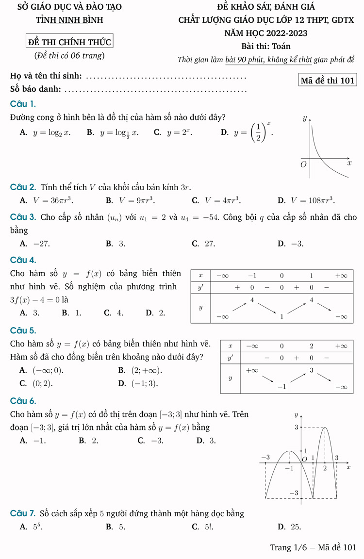 Đề thi thử THPT Quốc gia 2023 môn toán tỉnh Ninh Bình lần 1 trang 1