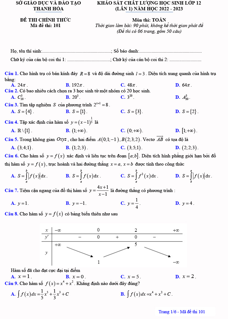 Đề thi KSCL môn toán lớp12 tỉnh Thanh Hóa 2023 lần 1 trang 1
