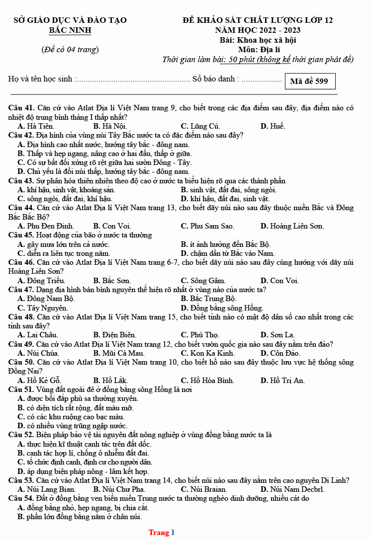 Đề thi thử Địa lí THPT Quốc gia 2023 sở GD&ĐT Bắc Ninh (ảnh 1)
