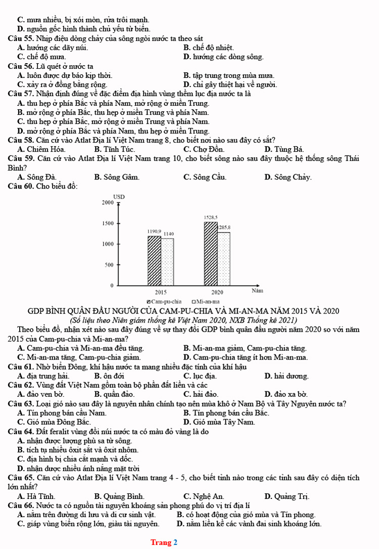 Đề thi thử Địa lí THPT Quốc gia 2023 sở GD&ĐT Bắc Ninh (ảnh 2)