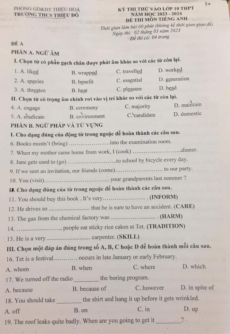 Đề thi thử tiếng anh vào 10 2023 THCS Thiệu Đô đề a trang 1