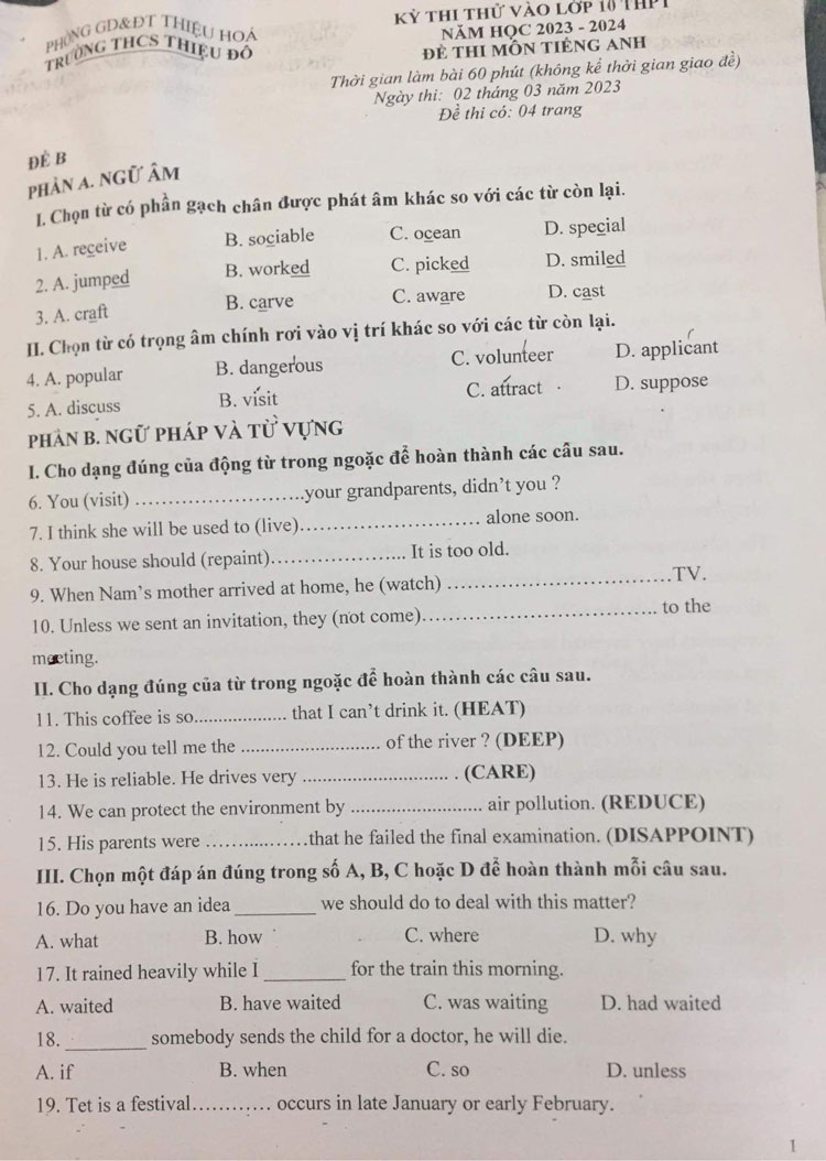 Đề thi thử tiếng anh vào 10 2023 THCS Thiệu Đô đề b trang 1