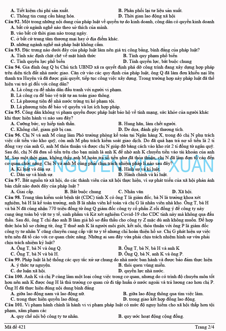 Đề KSCL lớp 12 môn gdcd 2023 trường Nguyễn Viết Xuân lần 3 trang 2