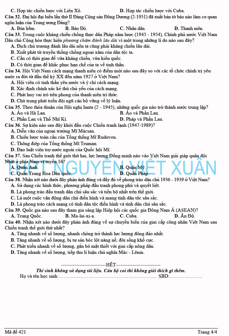 Đề KSCL lớp 12 môn Sử 2023 trường THPT Nguyễn Viết Xuân lần 3 trang 4