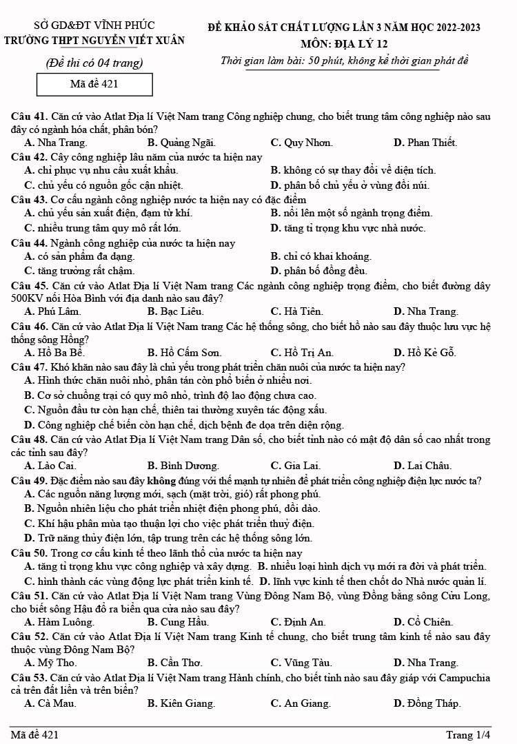 Đề KSCL lớp 12 năm 2023 môn Địa lần 3 Nguyễn Viết Xuân trang 1