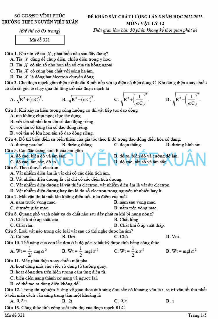 Đề thi thử vật lý 2023 lần 3 trường THPT Nguyễn Viết Xuân trang 1