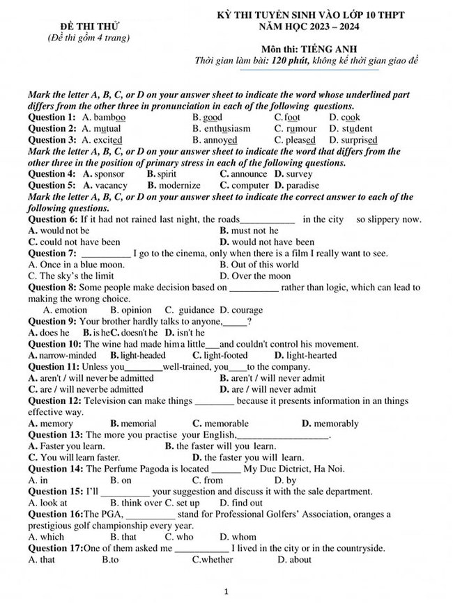 Đề thi thử vào 10 môn anh Nghệ An 2023 mẫu số 1 trang 1