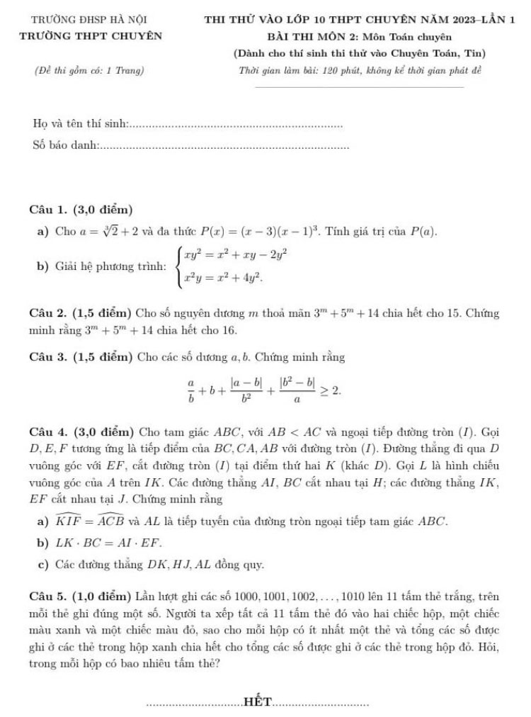 Đề thi thử vào lớp 10 môn Toán chuyên Sư Phạm Hà Nội môn toán chuyên