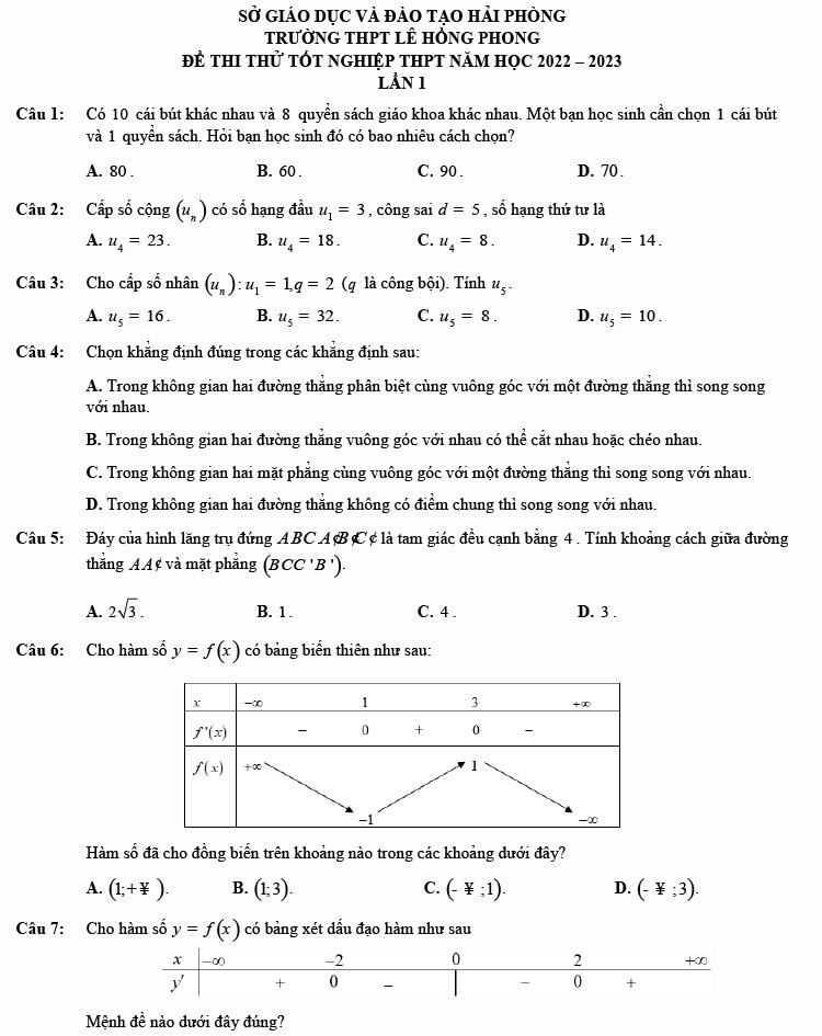 Đề thi thử THPT Quốc gia 2023 môn toán trường Lê Hồng Phong lần 1 trang 1