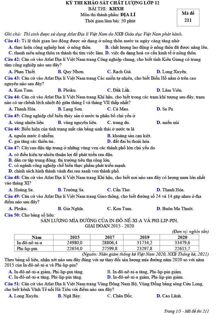 Đề thi thử Địa lí THPT Quốc gia 2023 sở GD&ĐT Hải Phòng (ảnh 1)