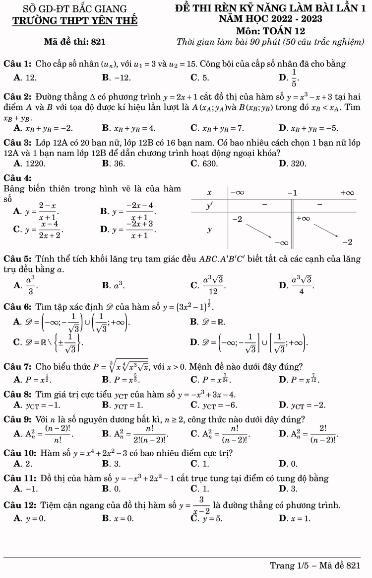 Đề thi thử toán thpt quốc gia 2023 Yên Thế lần 1 trang 1