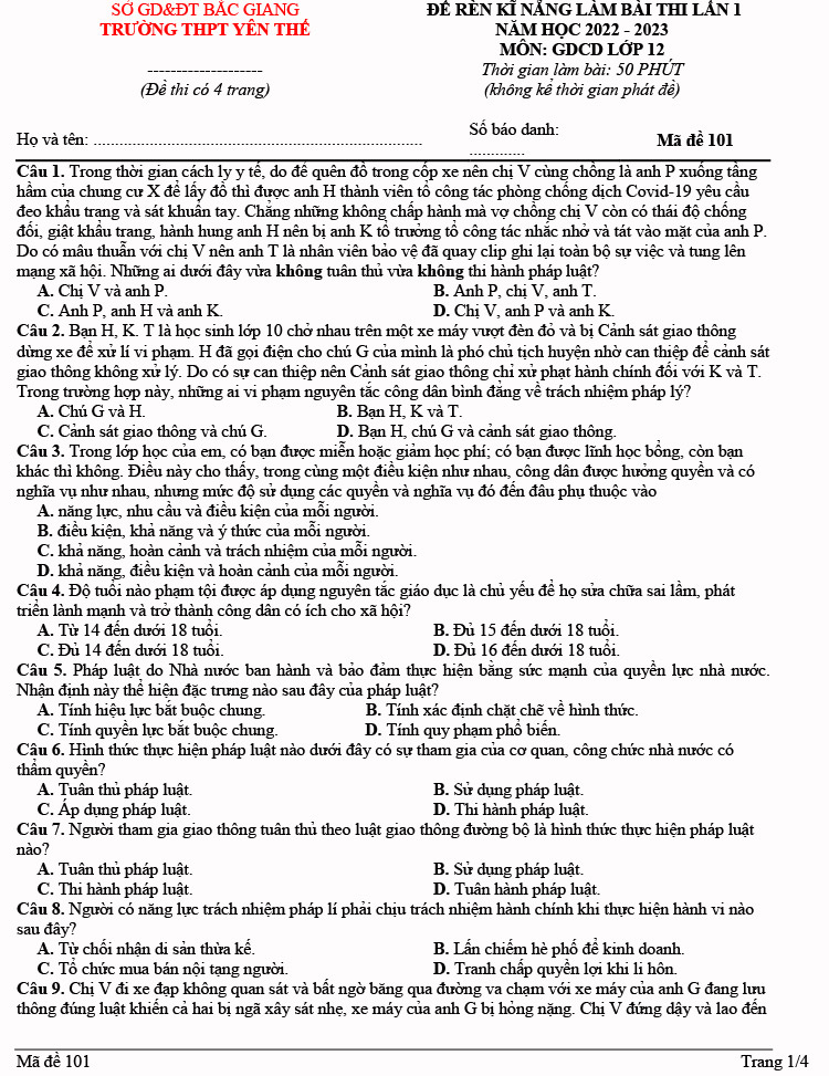 Đề thi thử thpt quốc gia 2023 môn gdcd trường Yên Thế lần 1 trang 1