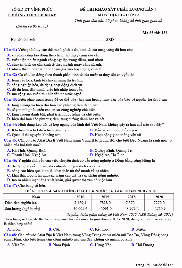 Đề thi thử thpt quốc gia 2023 môn địa trường Lê Xoay lần 4 trang 1