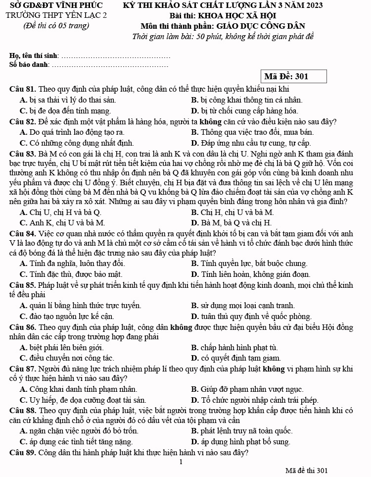 Đề thi thử thpt quốc gia 2023 môn gdcd lần 3 trường Yên Lạc 2 trang 1