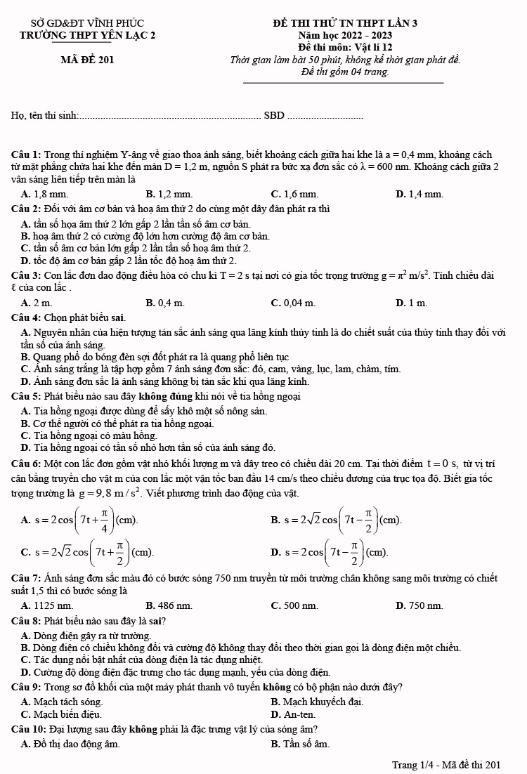 Đề thi thử thpt quốc gia 2023 môn lý lần 3 Yên Lạc 2 trang 1