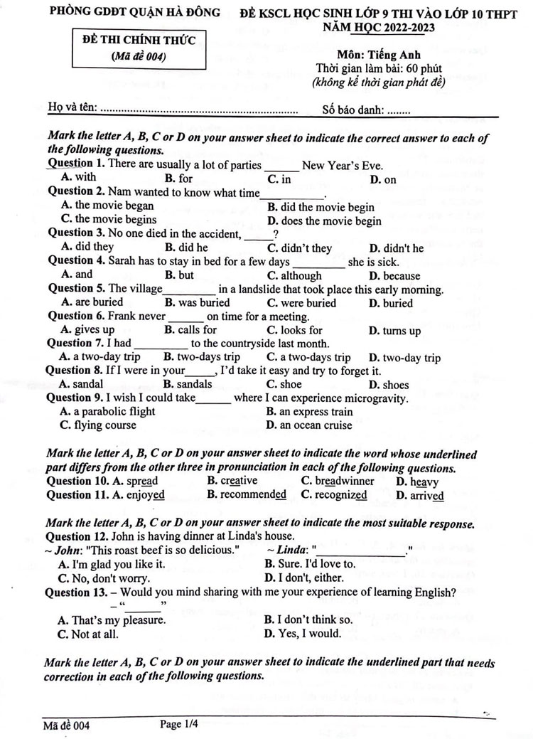 đề thi thử vào lớp 10 môn tiếng anh quận hà đông ảnh 1