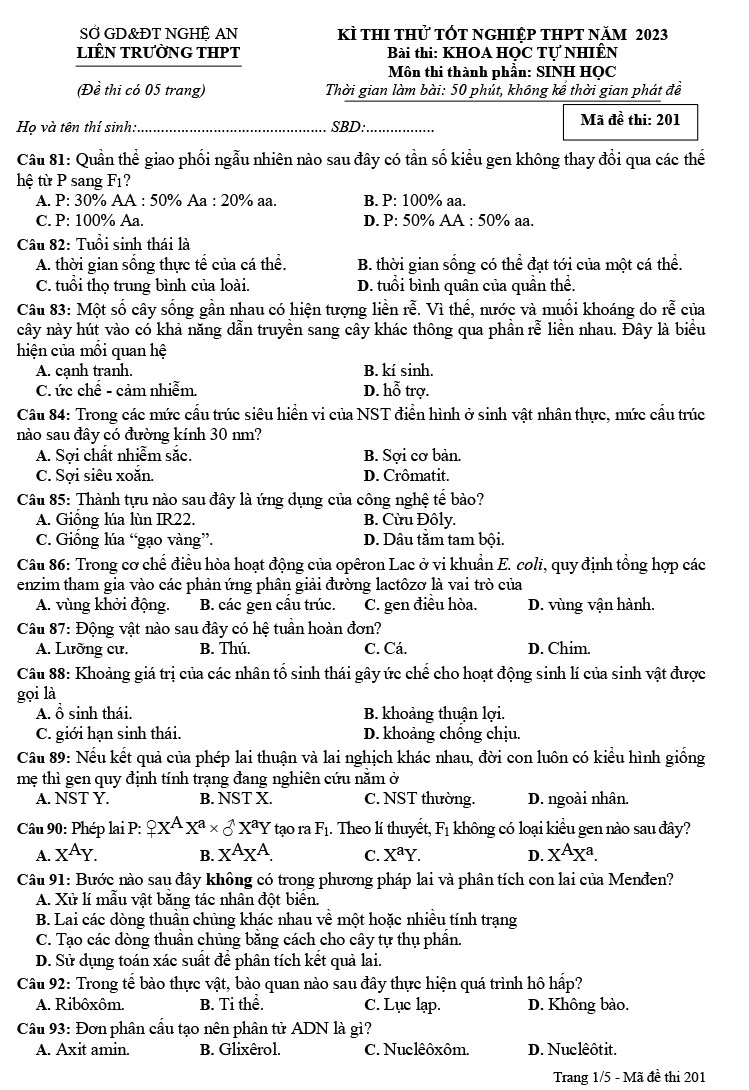 Đề thi thử THPT quốc gia 2023 môn sinh liên trường Nghệ An lần 2 ảnh 1