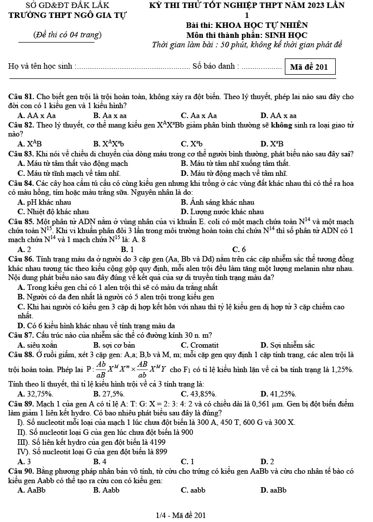 Đề thi thử thpt quốc gia 2023 môn sinh Ngô Gia Tự lần 1 trang 1