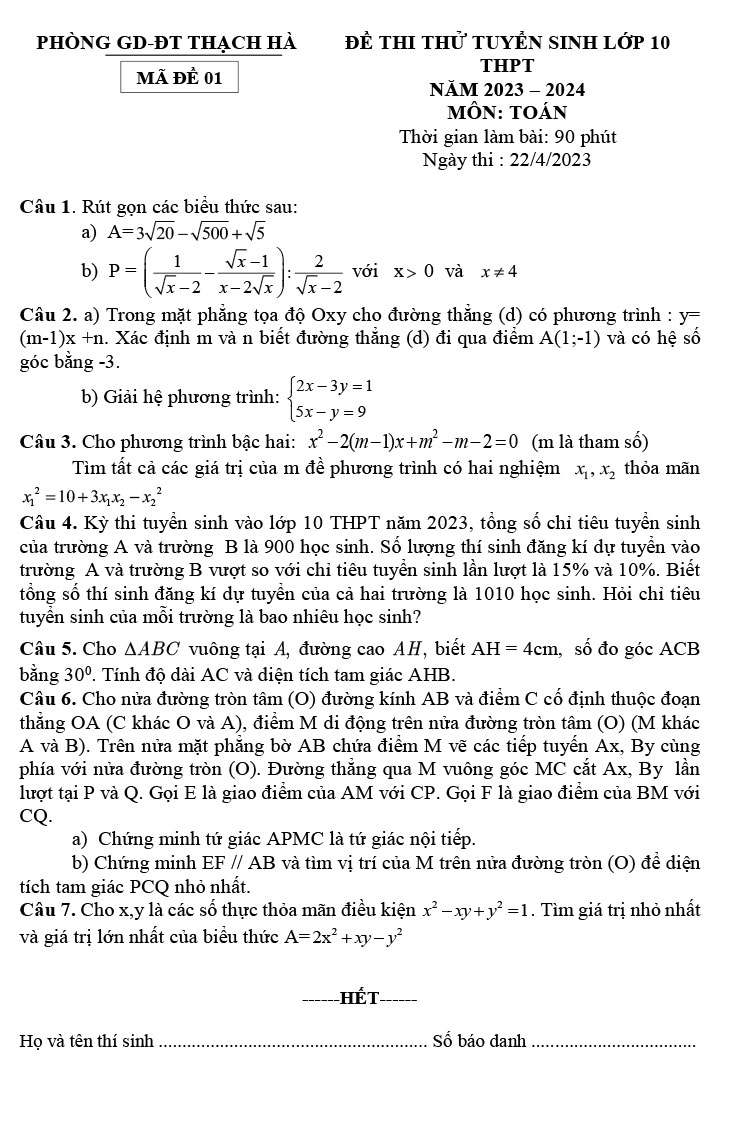 Đề thi thử tuyển sinh vào 10 môn Toán 2023 Thạch Hà ảnh 1