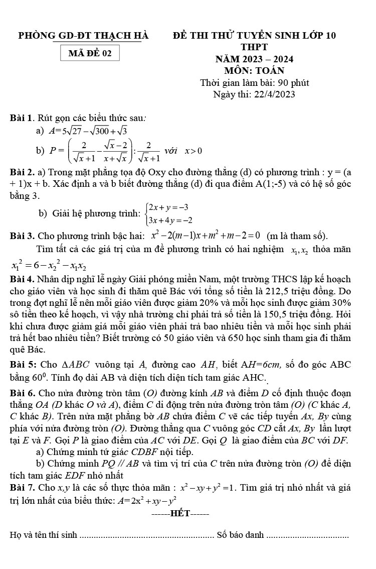 Đề thi thử tuyển sinh vào 10 môn Toán 2023 Thạch Hà ảnh 2
