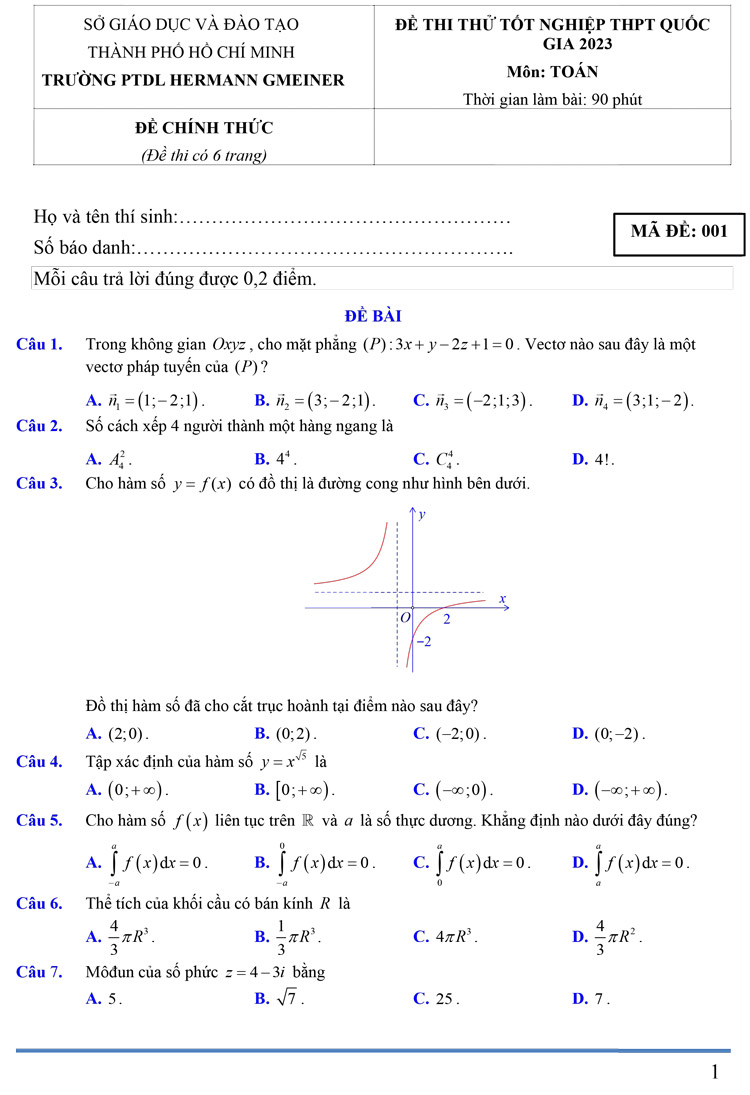 Đề thi thử môn toán 2023 trường Hermann Gmeiner–TP.HCM trang 1