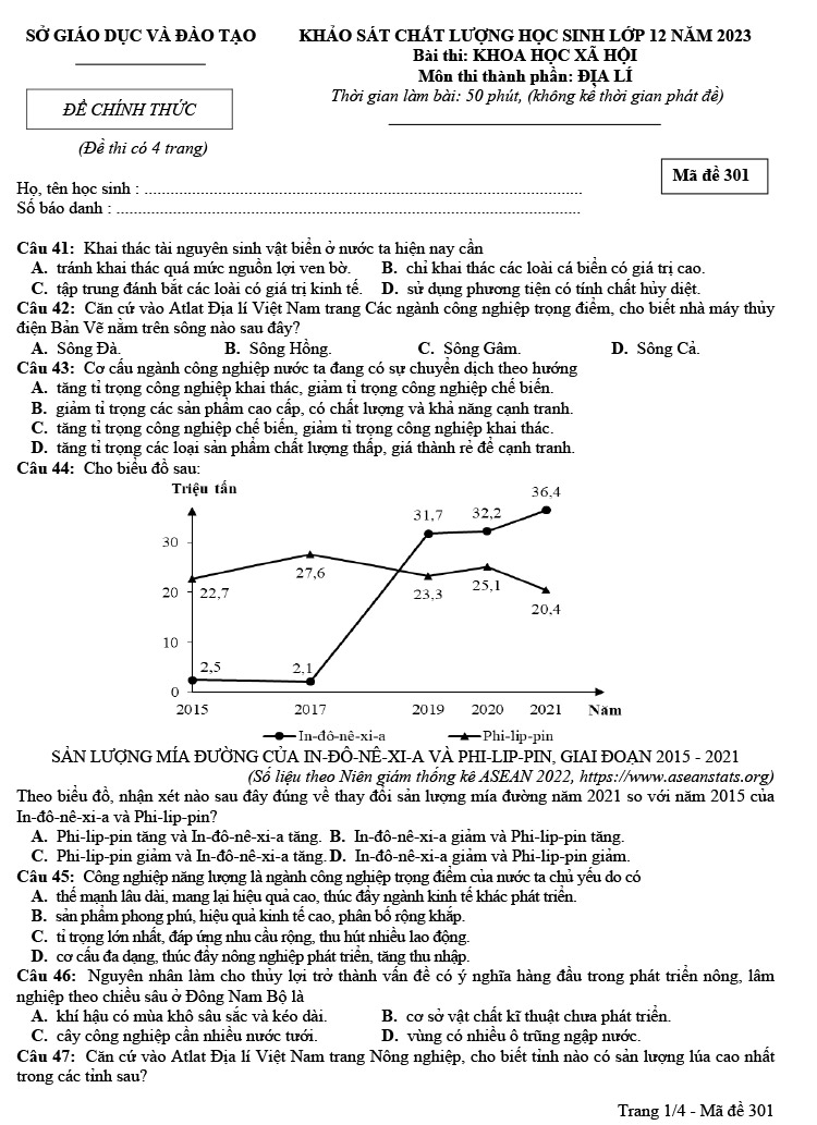 Đề thi thử thpt quốc gia 2023 môn Địa Đắk Nông mã đề 301 trang 1