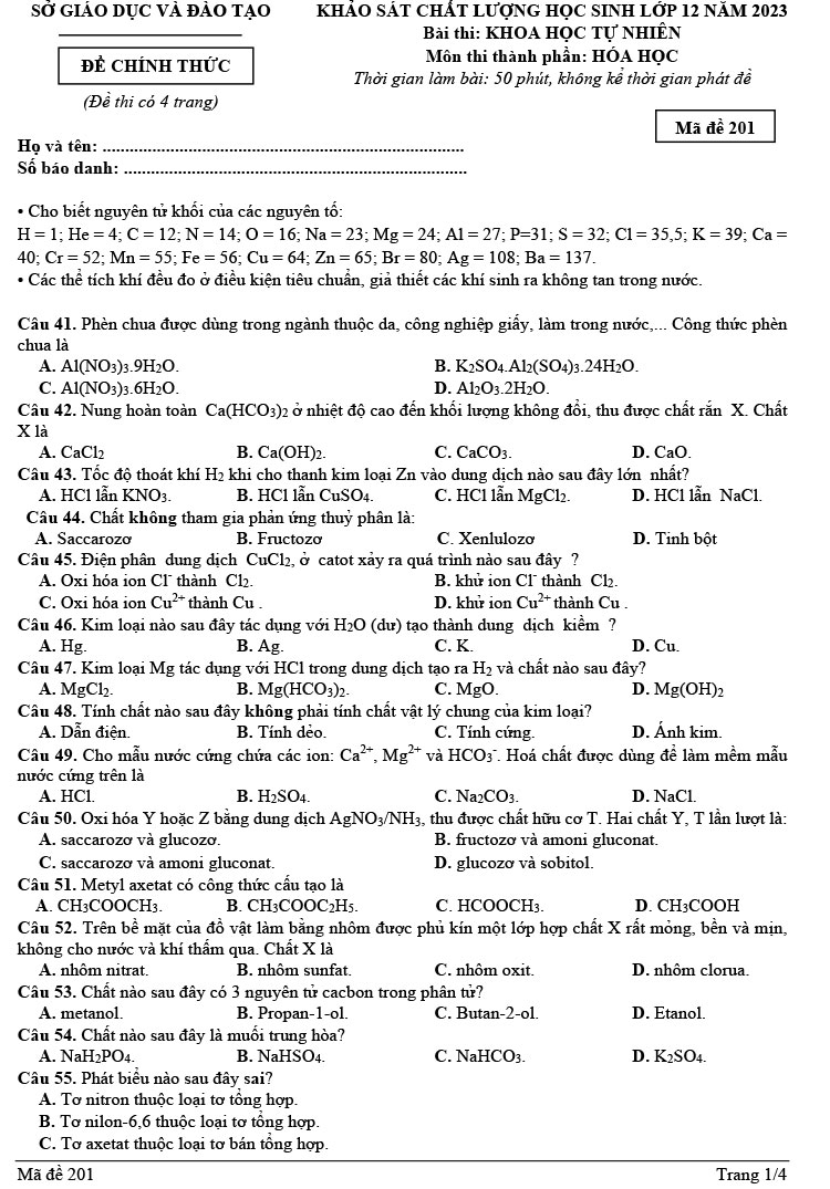 Đề thi thử thpt quốc gia 2023 môn Hóa Đắk Nông mã đề 201 trang 1