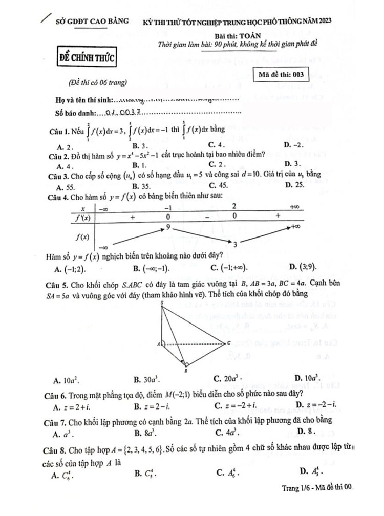 Đề thi thử Toán thpt Quốc gia 2023 Sở GD Cao Bằng trang 1
