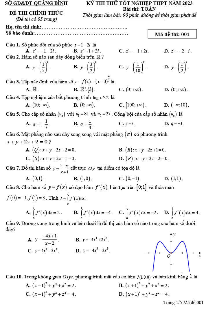 Đề thi thử Toán THPT Quốc gia 2023 Sở Quảng Bình mã 001 trang 1