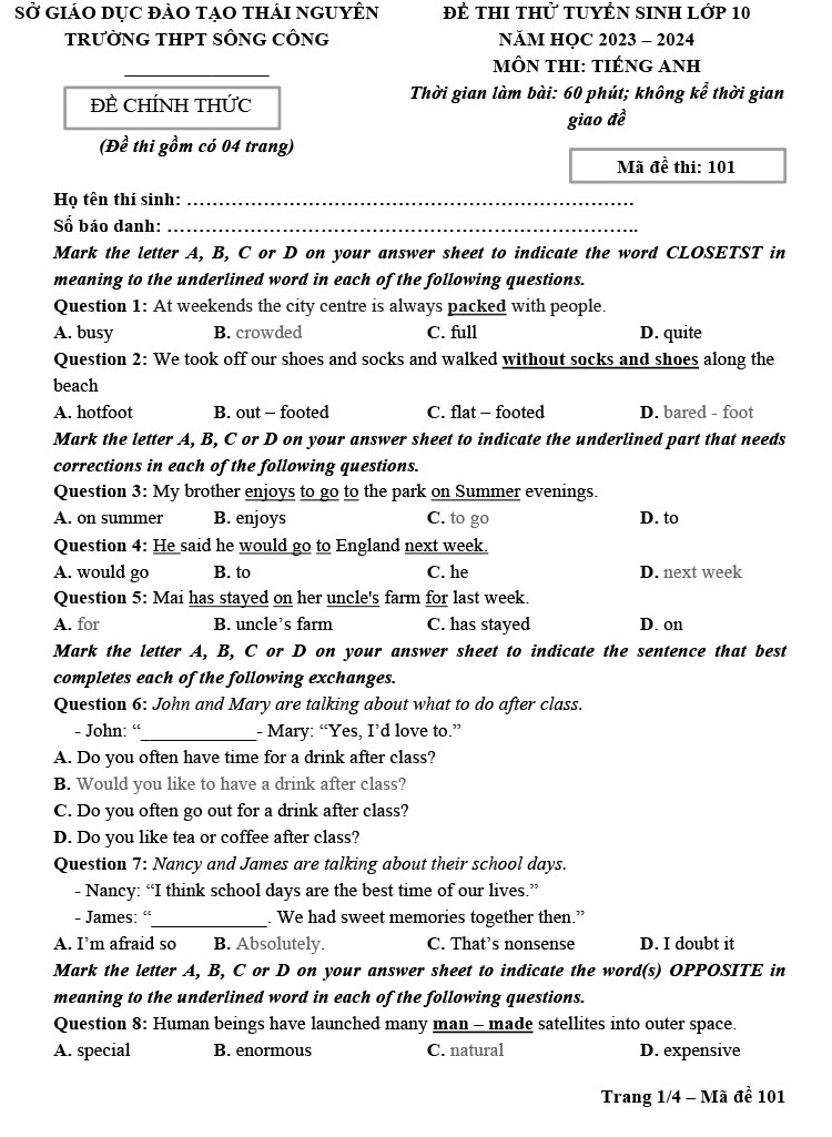 Đề thi thử vào 10 môn Anh 2023 THPT Sông Công trang 1