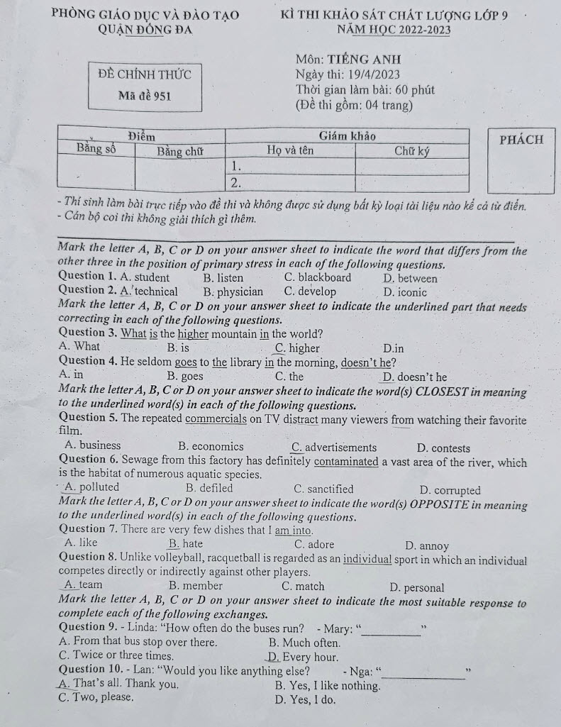 Đề thi thử vào lớp 10 môn Anh 2023 của quận Đống Đa ảnh 1