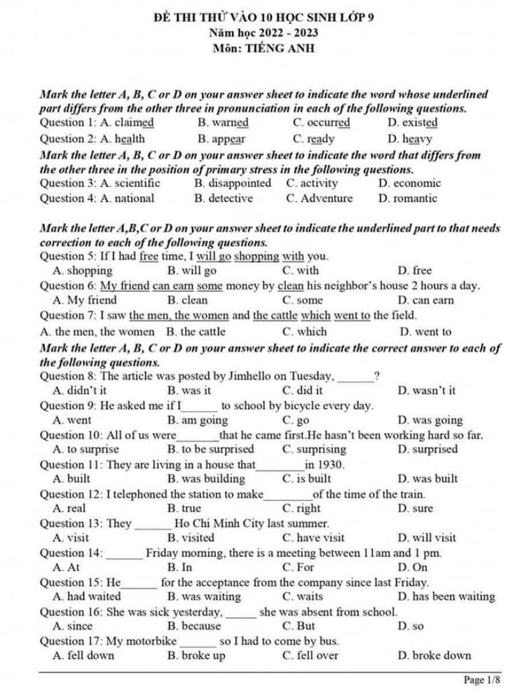 Đề thi thử tiếng anh vào 10 2023 quận Hà Đông trang 1