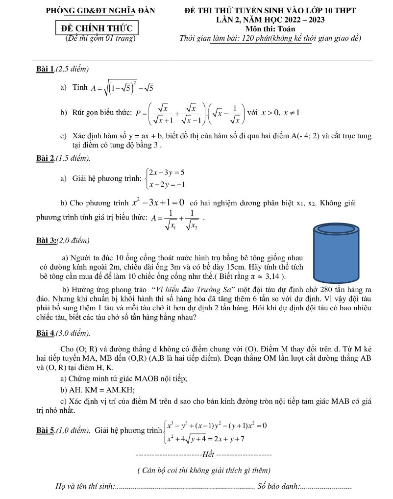 Đề thi thử vào lớp 10 môn Toán 2023 phòng GD&ĐT Nghĩa Đàn