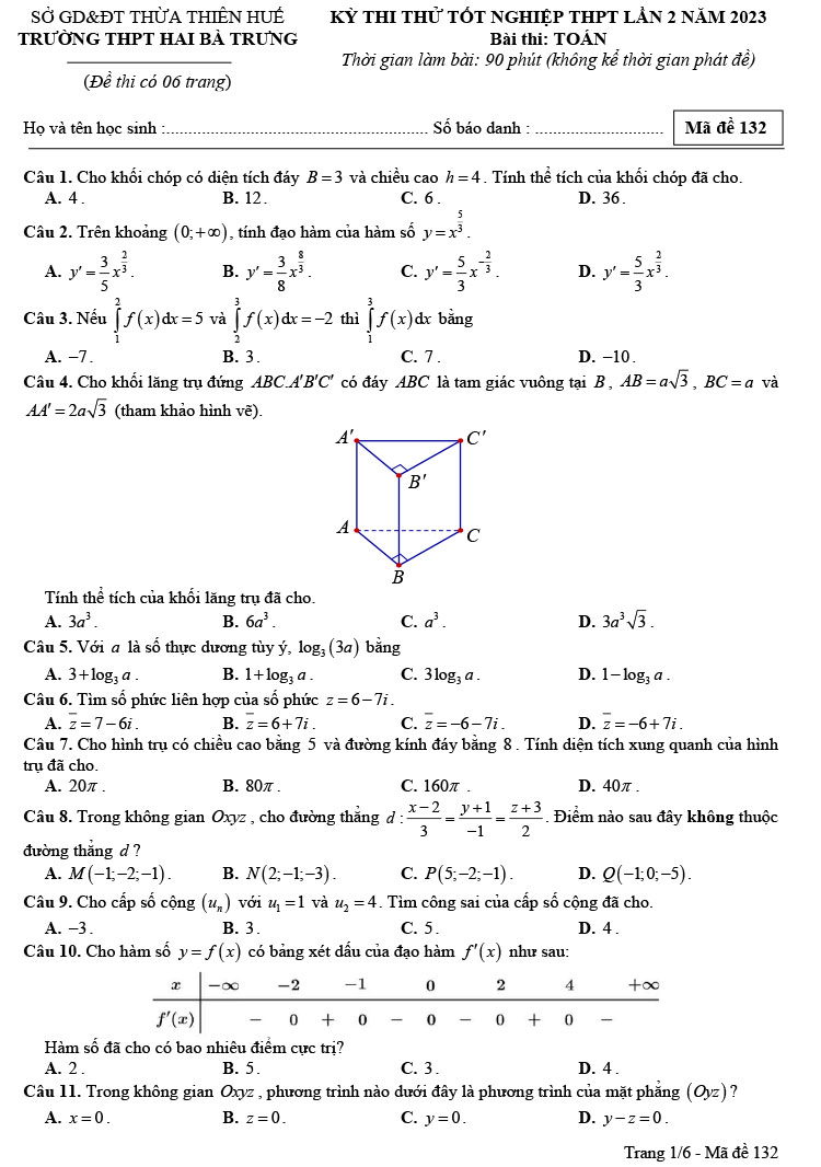 Đề thi thử Toán 2023 THPT Hai Bà Trưng - Huế lần 2 trang 1