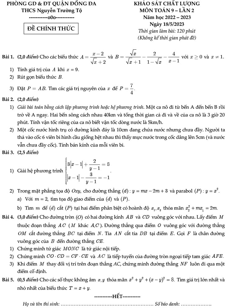 Đề KSCL môn Toán lớp 9 năm 2023 THCS Nguyễn Trường Tộ ảnh 1