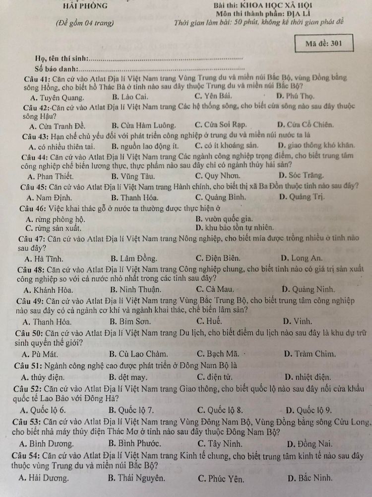 Đề thi thử THPT Quốc gia 2023 môn Địa Sở Hải Phòng lần 1 đề 301 trang 1