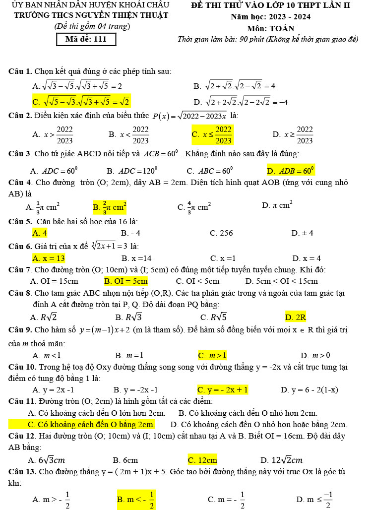 Đề thi thử vào 10 môn toán 2023 THCS Nguyễn Thiện Thuật trang 1