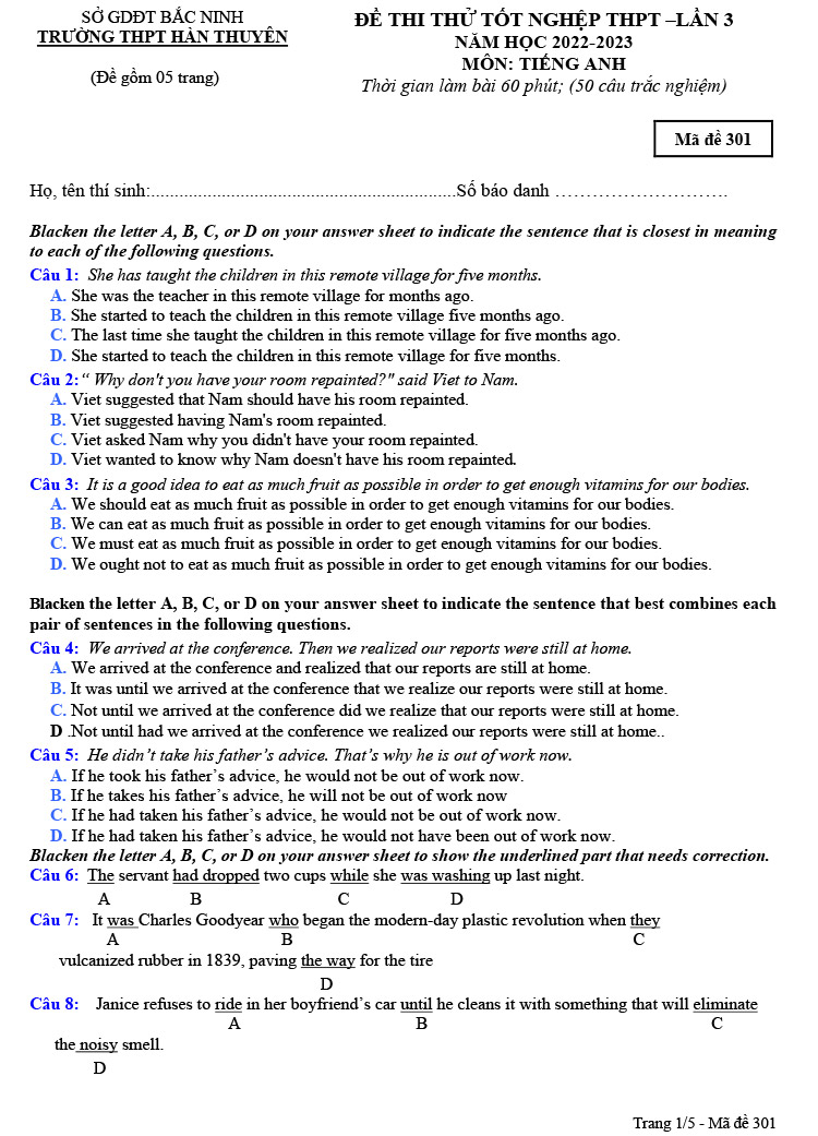 Đề thi thử THPT Quốc gia 2023 môn Anh Hàn Thuyên lần 3 đề 301 trang 1