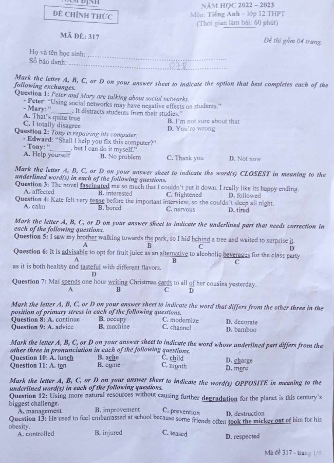 Đề thi thử tiếng Anh 2023 Sở GD Nam Định đề 317 trang 1