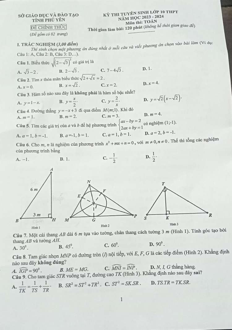 Đáp án đề thi tuyển sinh lớp 10 môn toán Phú Yên 2023 trang 1