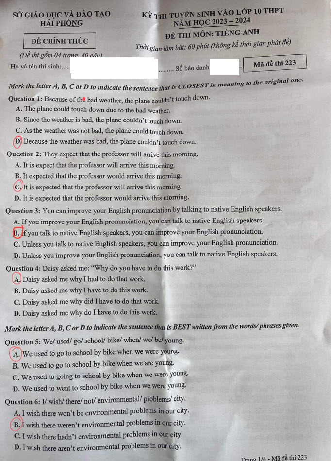 Đáp án đề thi Tiếng Anh vào 10 Hải Phòng 2023 ảnh 1