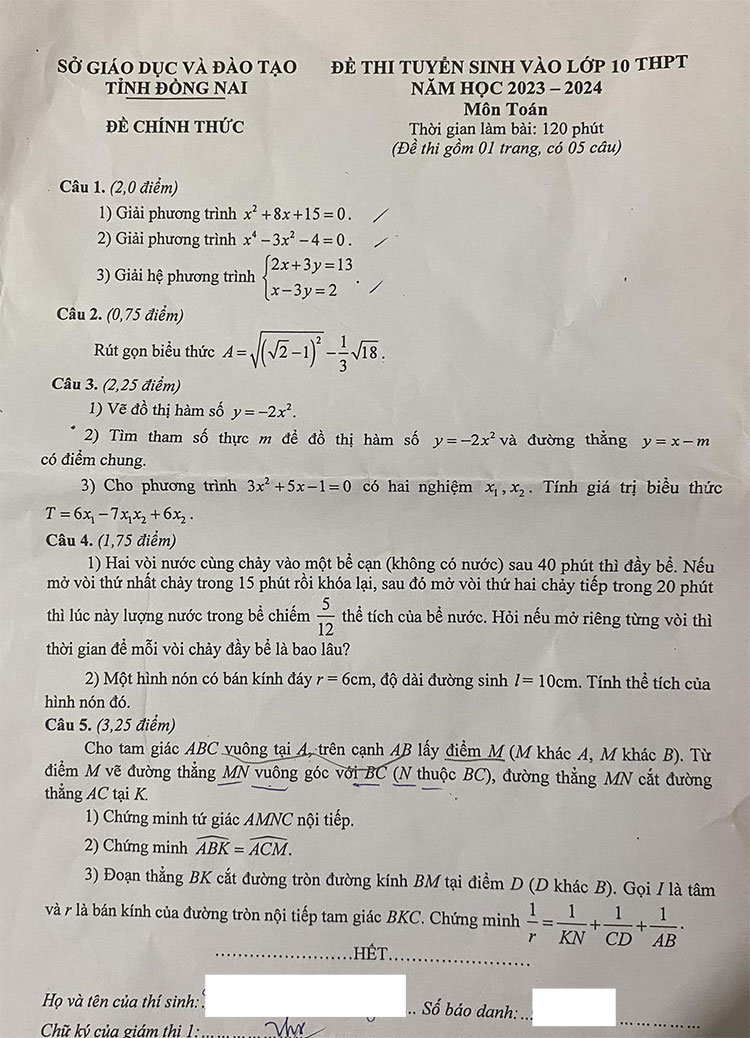 Đáp án đề thi tuyển sinh lớp 10 môn toán Đồng Nai 2023