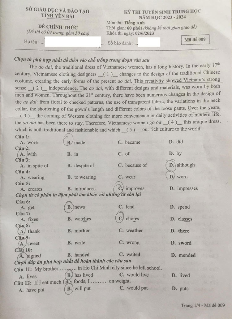 Đề thi vào 10 môn Anh tỉnh Yên Bái 2023 trang 1
