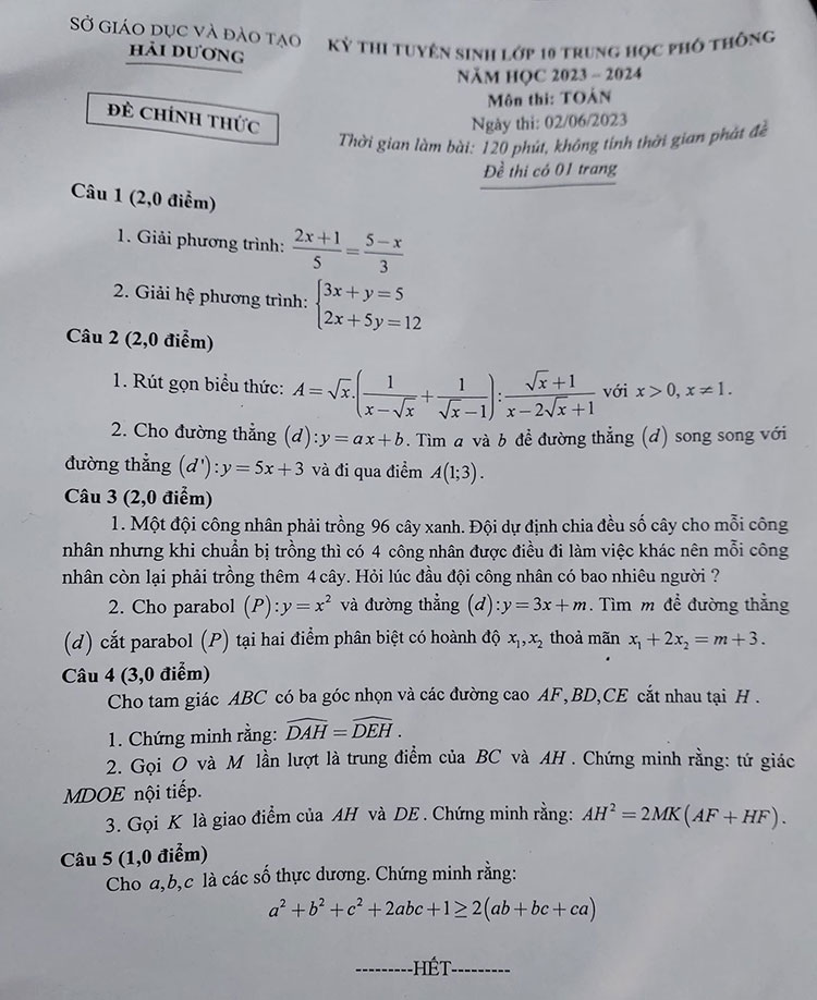 Đáp án đề thi vào 10 môn Toán tỉnh Hải Dương năm 2023