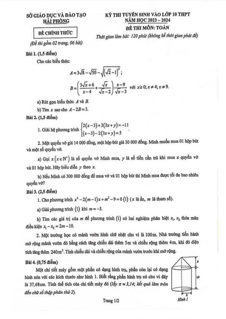 Đáp án đề thi toán vào 10 Hải Phòng năm 2023 trang 1