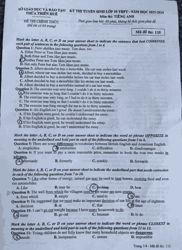 Đáp án đề thi tuyển sinh lớp 10 môn Anh Thừa Thiên Huế 2023 trang 1